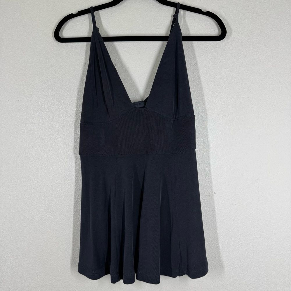 Free People Black Babydoll Tank Top Ribbon Tie Back Spaghetti Strap VNeck Medium